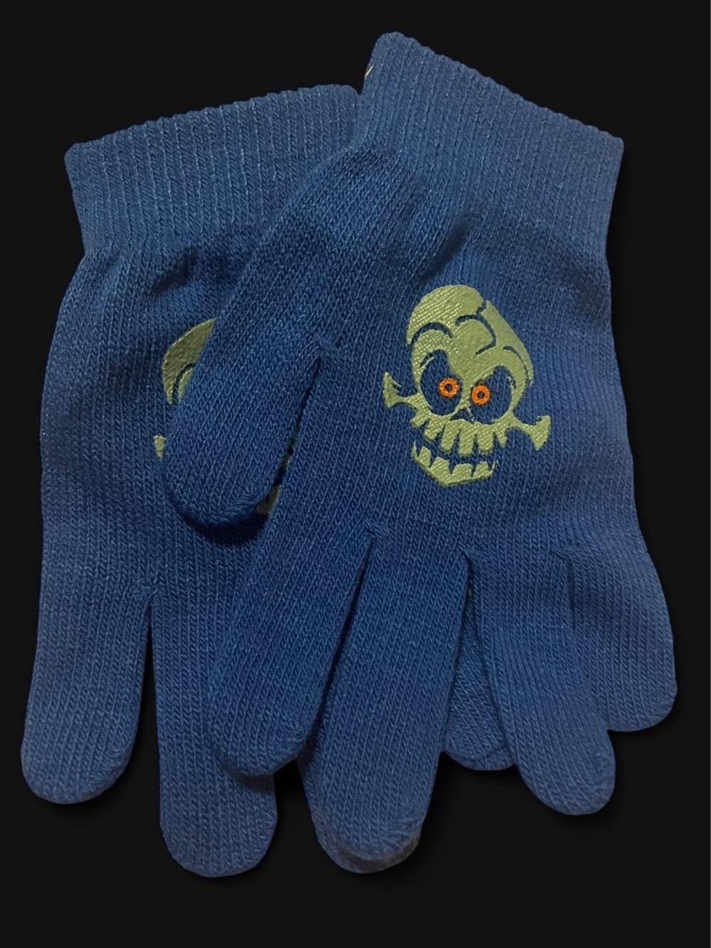 Blue Knit Gloves with Green Skull Graphic